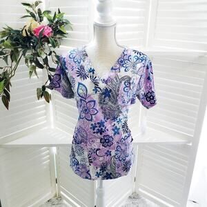 BUTTERSOFT MEDICAL FLORAL BLUE & PINK SCRUB TOP